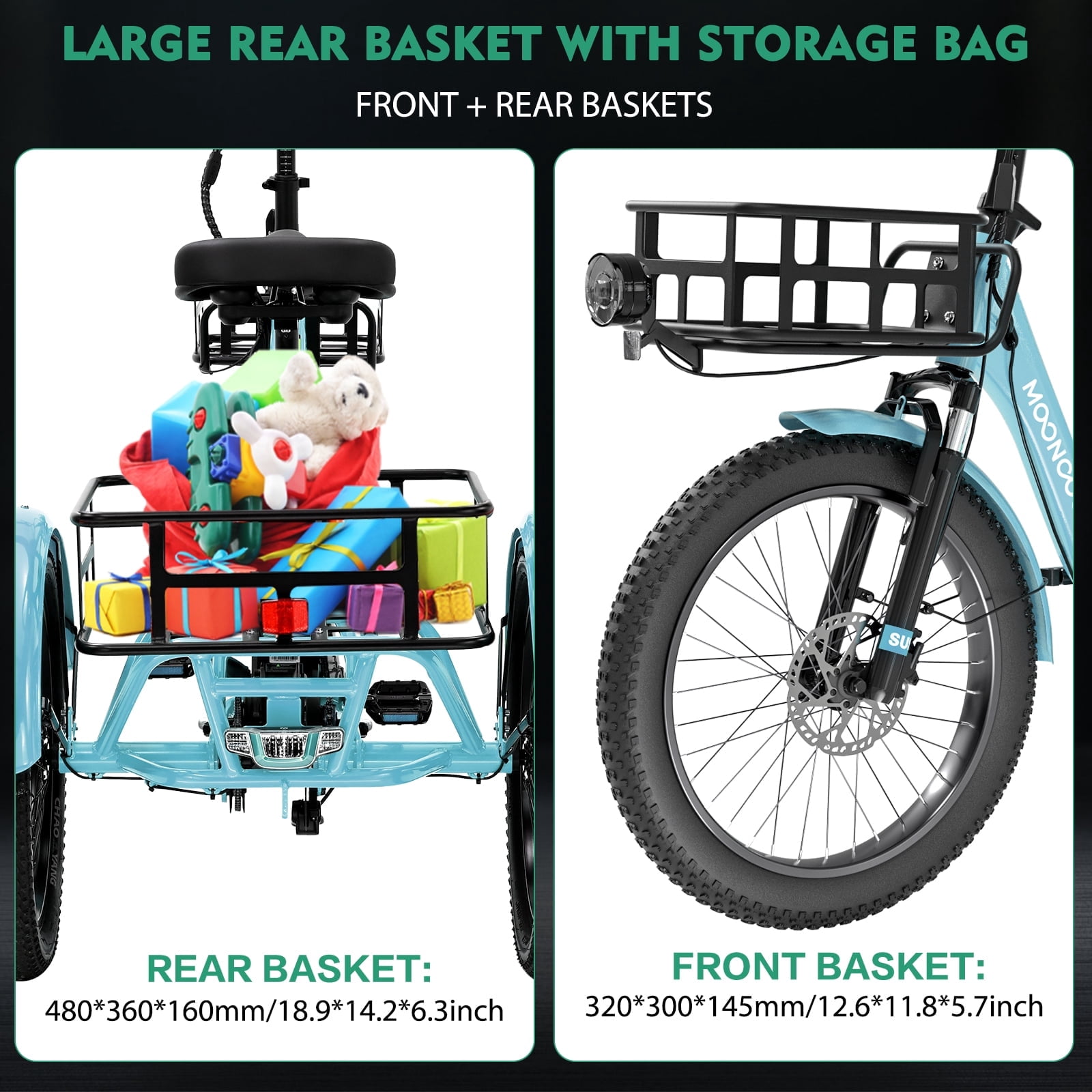 MOONCOOL TK1 Folding Electric Tricycle for Adults,48V 14.5Ah Removable battery, Peak 1000W Motor, 20" Fat Tire Step-Thru 3 Wheel Electric Bicycle W/ Mirrows Kit
