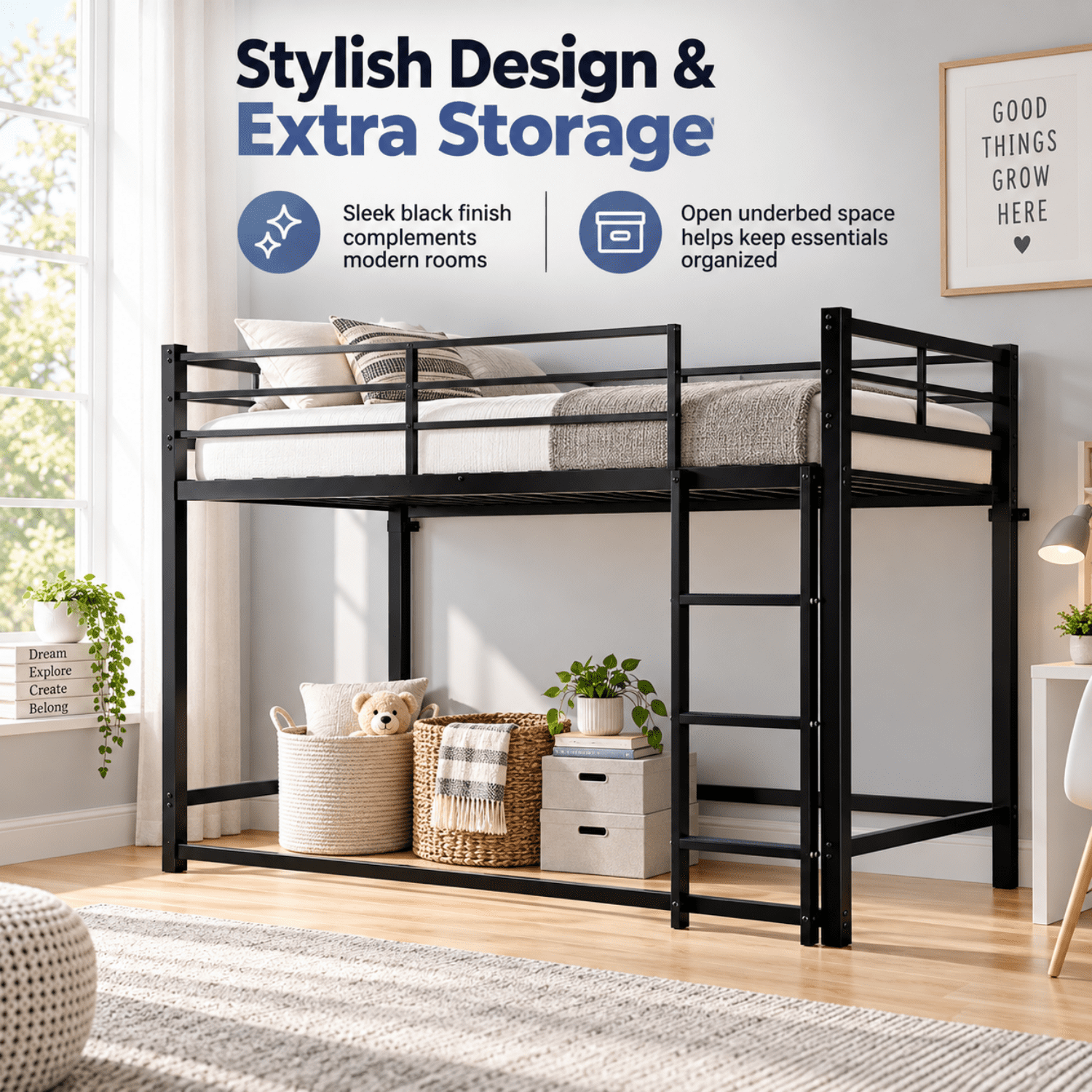 Miniyam Twin Over Twin Metal Bunk Bed with Full-Length Guardrails and Built-In Ladder, Black