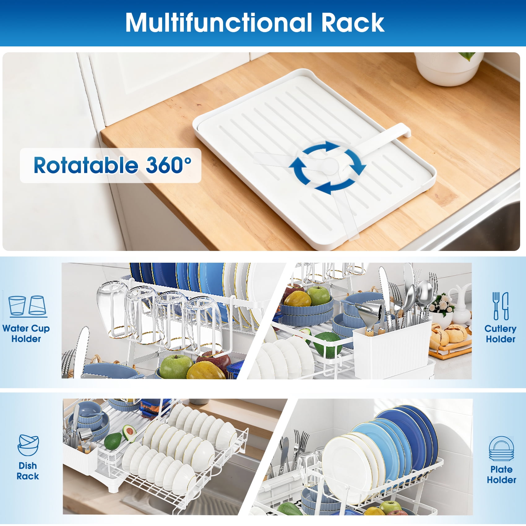 Glovv 2-Tier Collapsible Over the Sink Dish Drying Rack, Kitchen Sink Organizer with Auto Drainage System, Dish Racks for Kitchen Counter with 4 Cup Holders,White