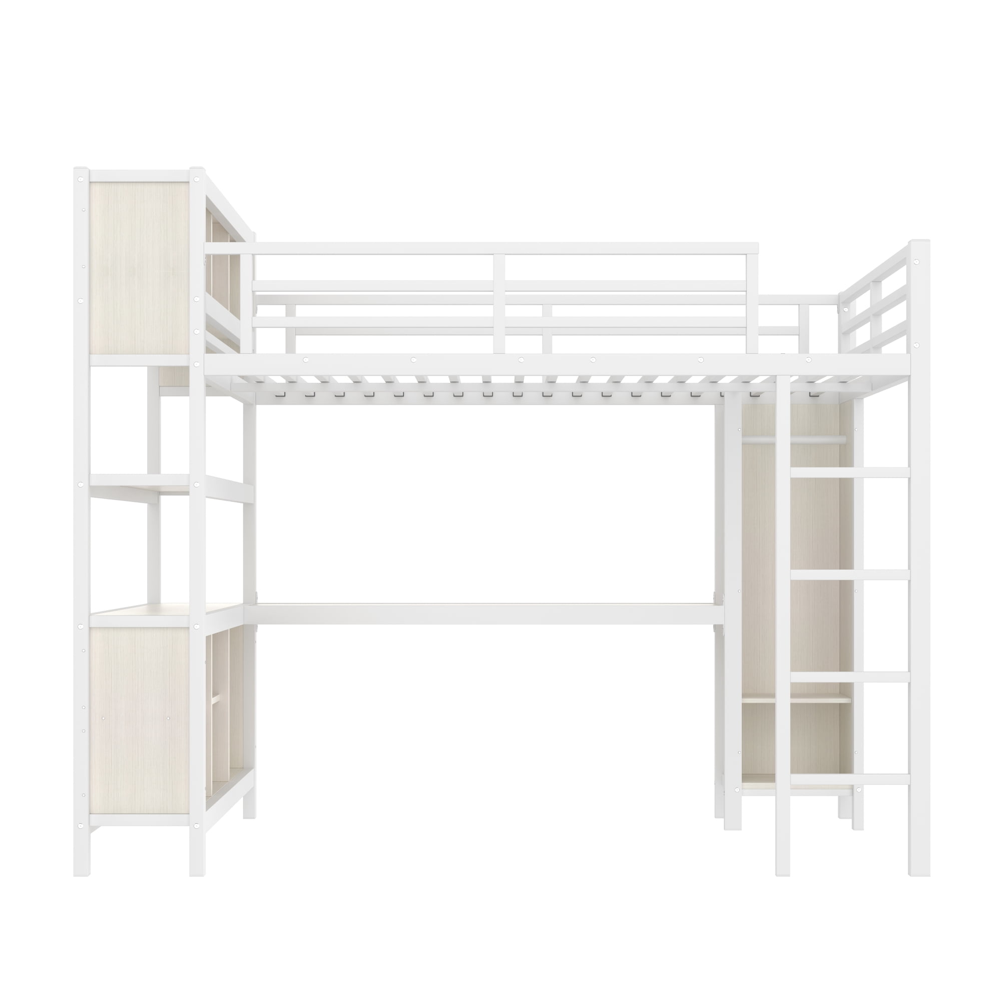 Queen Size Loft Bed with Wardrobe And L-shaped Desk, Metal Loft Bed with Storage Cubes and Shelves, Heavy Duty Loft Bed for Kids Teens Adults, White