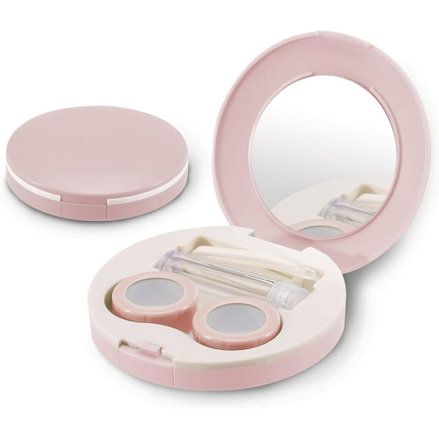 2 Pack Travel Contact Lens Case Kit, Portable Eye Contact Case with Mirror, Remover Tool, Tweezers & Solution Bottle, Lens Holder Box Container Storage for Outdoor Daily (Pink)