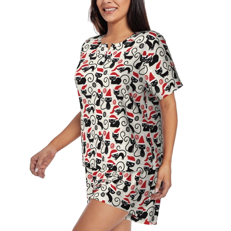 Fuzoiu Christmas Cat Print Women's Short-Sleeved Pajama Set,Lounge  Sleepwear Set,Womens Pajama Sets 2 Piece,Button-Up Top and Shorts with  Pockets-4X-Large - Walmart.com