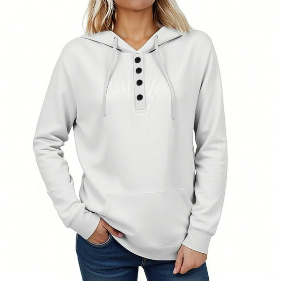 BXJX Hoodies for Women- Long Sleeve Drawstring Half Boutton Solid Sweatshirts With Pocket White Size M