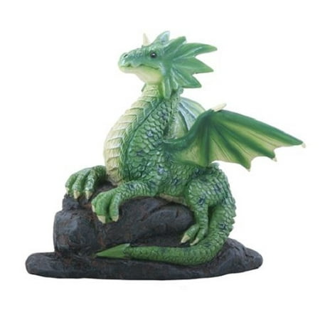 Dragon Statuette - Spotted Green Dragon Sitting on Rock Figurine Statuette Fairy Tale Fantasy New