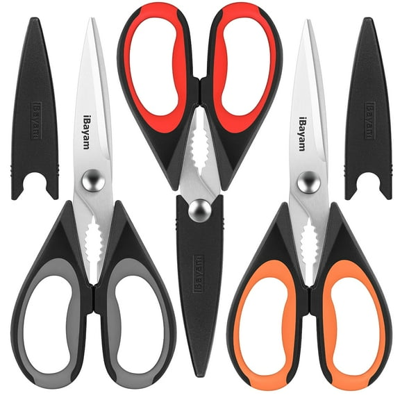 3-Pack All Purpose Kitchen Scissors 8.5 Inch, Heavy Duty Food Shears for Poultry Herbs BBQ, Ergonomic Handle, Dishwasher Safe Cooking Tools with Protective Cover, Multicolor