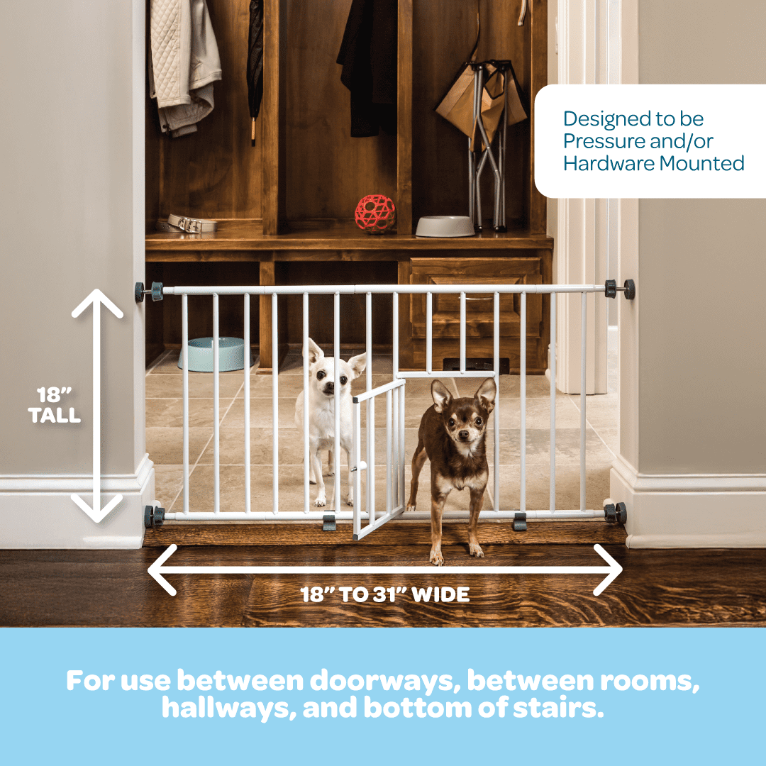 Carlson MINI Expandable Extra Wide Pet Gate with Small Pet Door, White, 18-31 inches