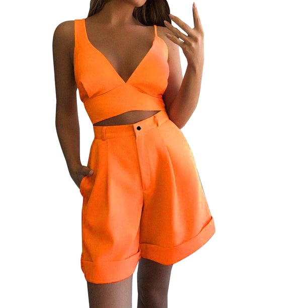 Traje de cintura de color sólido de verano para mujer Traje de dos piezas casual de moda Wmkox8yi bvn721