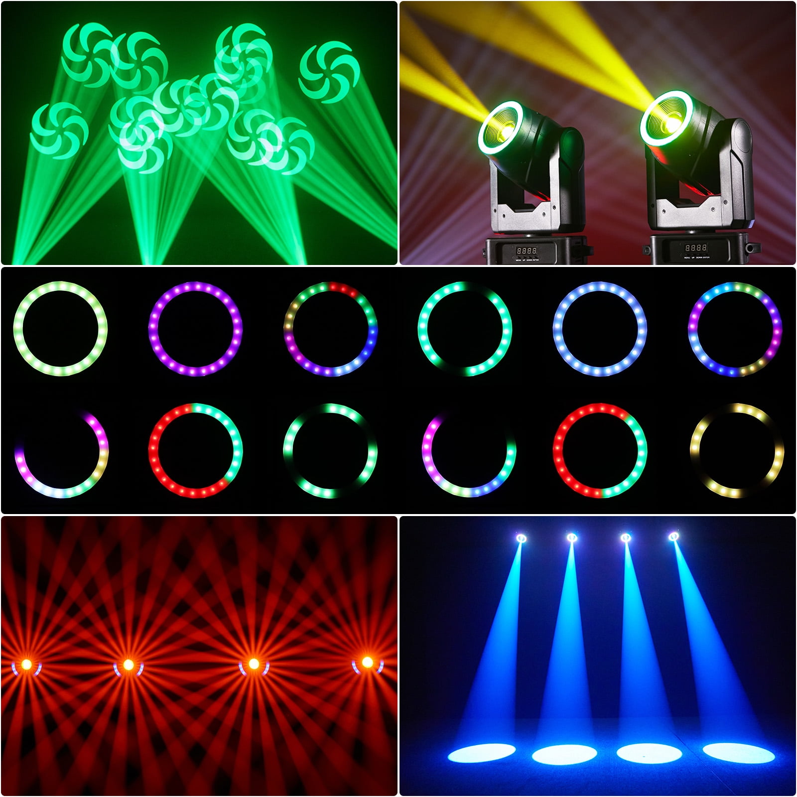 Moving Head DJ Lights ,150W (8000K) 7 Gobos 7 Colors Beam/Focus LED Stage Light,3-Facet Prism Party Light w/ RGB Ring Light 13/15CH for KTV Wedding Halloween Christmas
