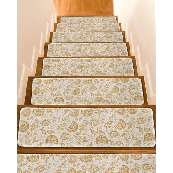 Farmhouse Yellow Floral Non-Slip Stair Treads for Wooden Steps, 4 Pack 8x30 Inch Carpet Stair Mats with Adhesive Backing, Noise-Reducing Step Covers for Indoor Stairs, Easy to Install & Residue-Free