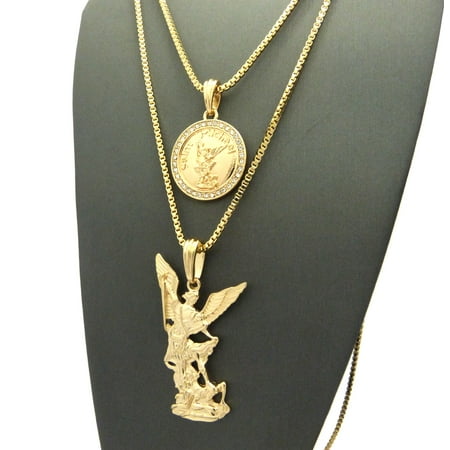 Saint Michael Archangel - Stone Stud Saint Michael Medal & Archangel Pendant Set 2mm 24