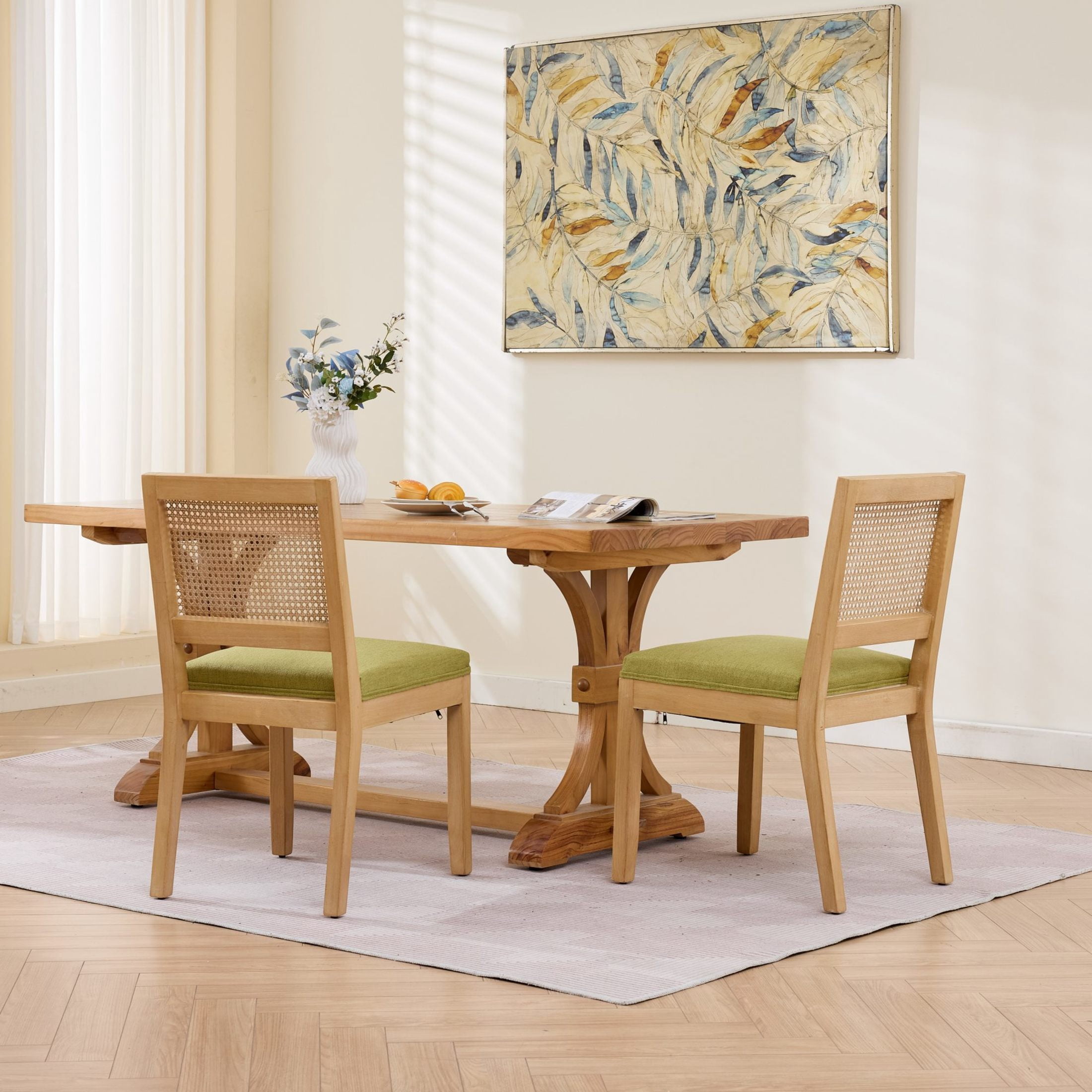 Noble House Set of 2 Farmhouse Dining Chairs with Cane Back, Rubberwood Frame, Olive Green