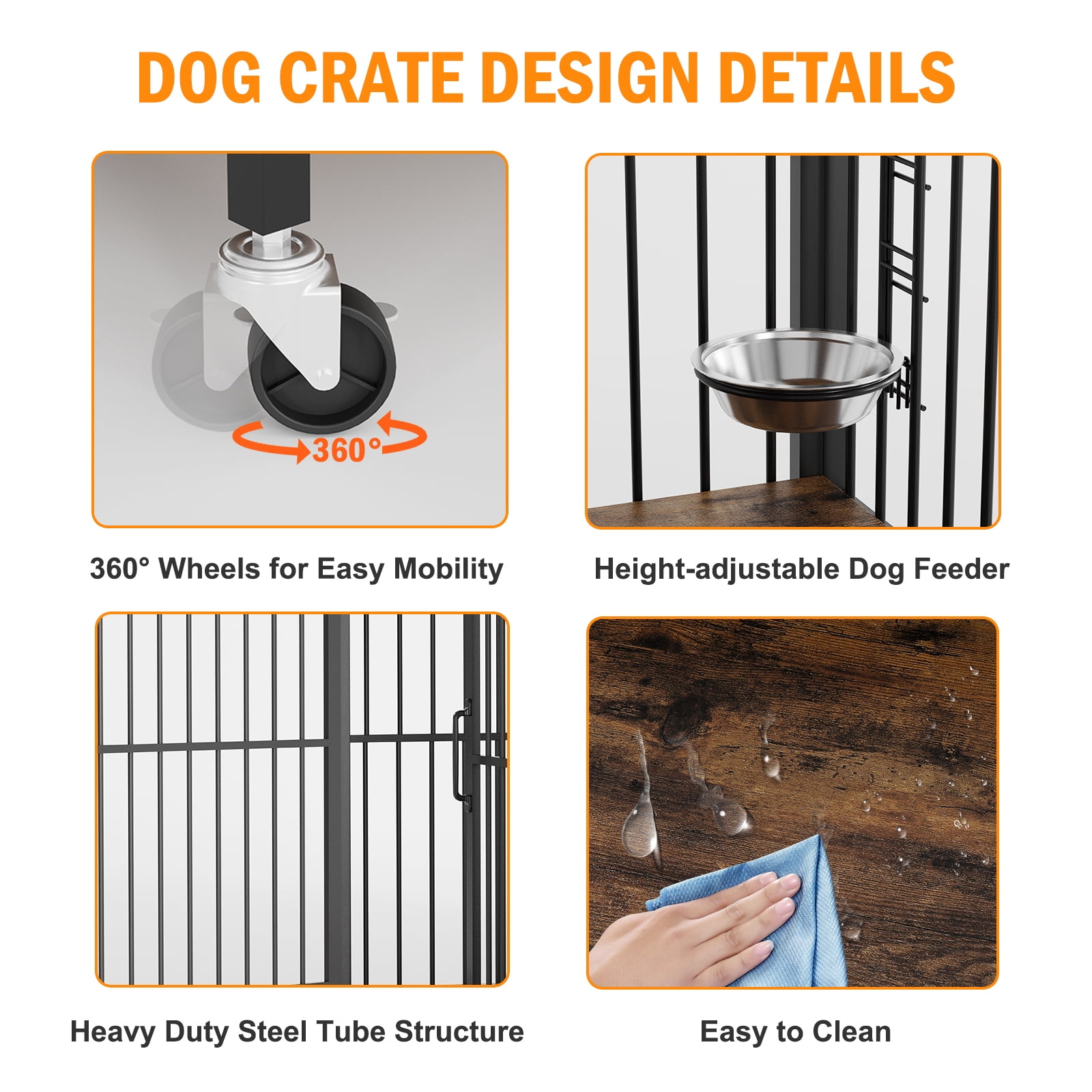 Aoile Dog Crates for Medium Dogs, Heavy Duty Dog Crate with Adjustable Height Feeder, Dog Cage Furniture with 360Â° Wheels, Rustic Brown