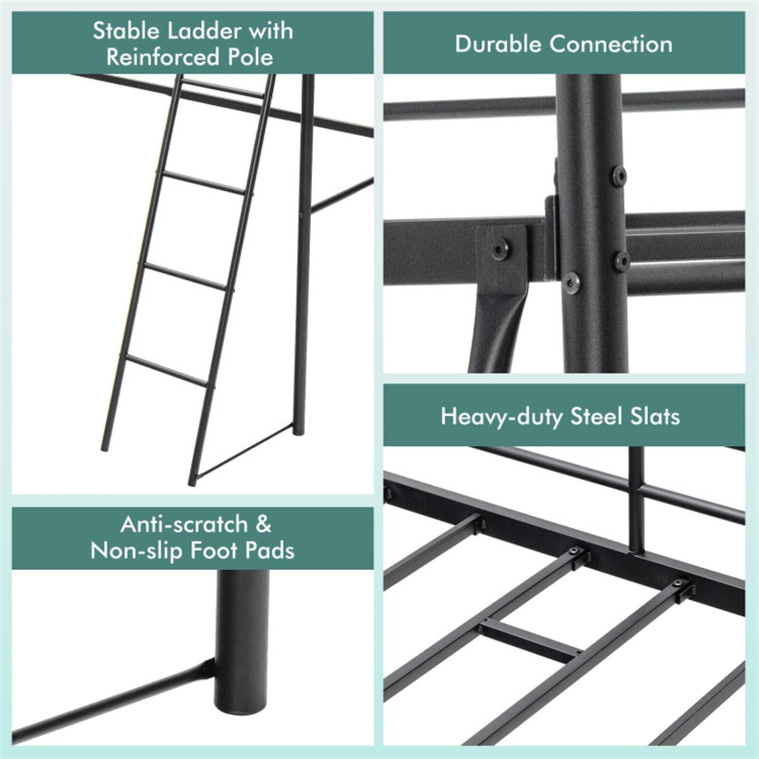 Demi Bonn Twin Metal Loft Bed with Ladderand High Guard Rails for Teens, Black