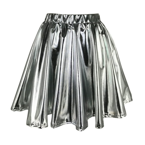 WENWU Women's Fashion High Waist Pleated Solid Color Short Skirt Loose Skirt Metallic Skater Skirt Sparkly Shiny Flared Pleated A Line Mini Skort Leather Skirts Ballet Skirts for Women