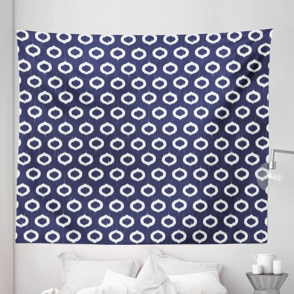 Navy Blue Tapestry, Grunge Abstact Geometrical Design with Sketchy Round Rectangulars Image, Fabric Wall Hanging Decor for Bedroom Living Room Dorm, 5 Sizes, Dark Blue and White, by Ambesonne