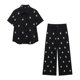 thumbnail image 4 of HH TRAF Conjunto de 2 piezas de verano para mujer, camisa elegante de manga corta con cuello vuelto en contraste y pantalón ancho con botones y bordado para mujer, 4 of 5