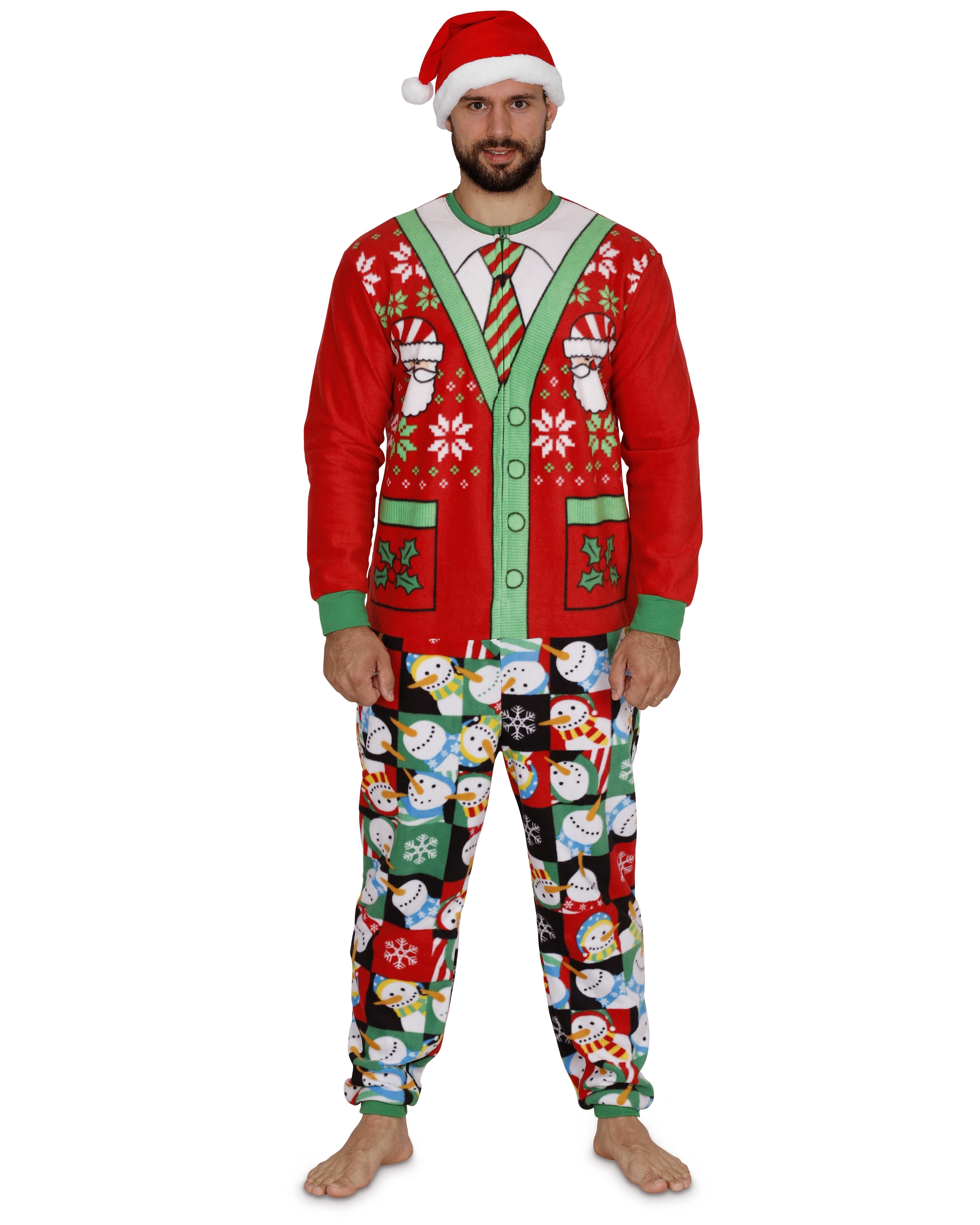 Secret Santa - Secret Santa Mens Christmas Union Suit Fun Pajama Onesie with Hat, Size: Small 