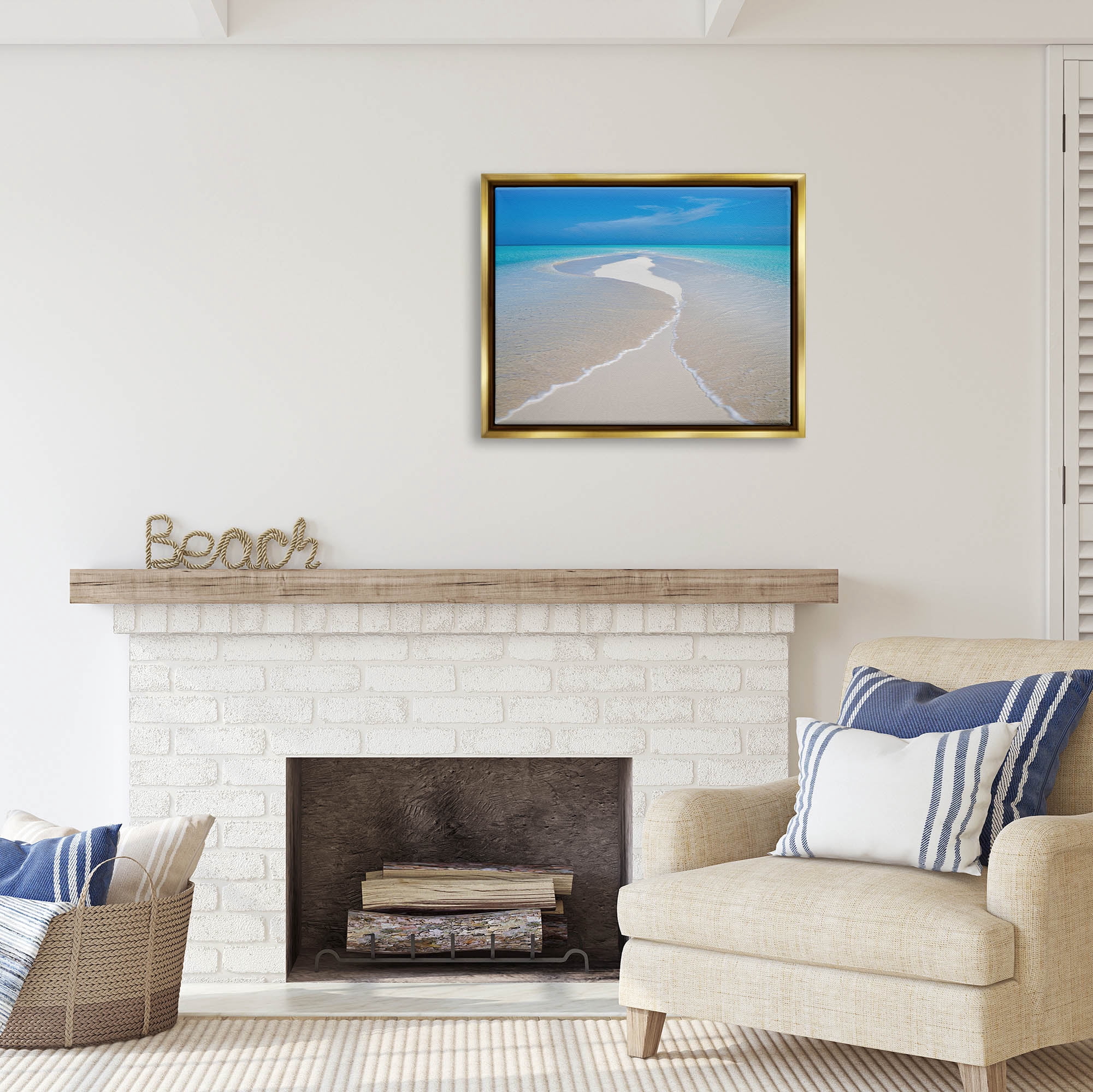 Stupell Industries Azure Beach Waves Lapping Foam Coastal Photography Gold Floater Framed Art Print Wall Art