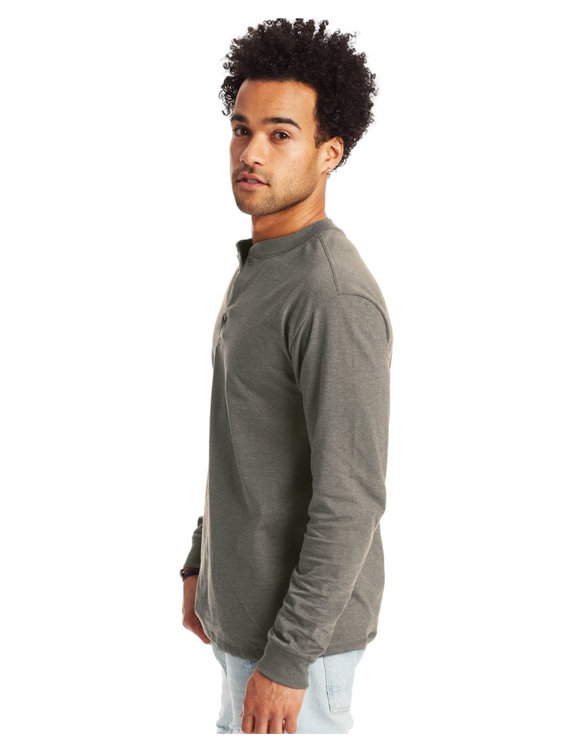 Hanes, Beefy-T Men's Long Sleeve Henley, Pebblestone Heather 2XL
