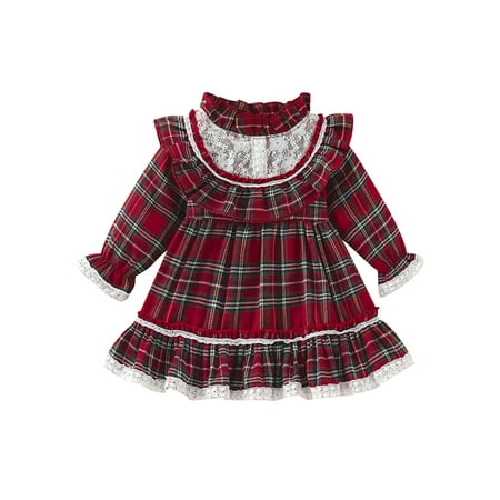 

Xingqing 1-7 Y Kids Girls Christmas Dress Plaid Lace Stand-Collar Flounce Long Sleeve Dress with Ruffle Hem Red 4-5 Years