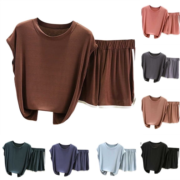 HBGVBA Women 2 Piece Outfits,Casual Matching Set,Solid Color Short Sleeve Crew Neck Top Shorts Casual Daily Wear Outfit Set
