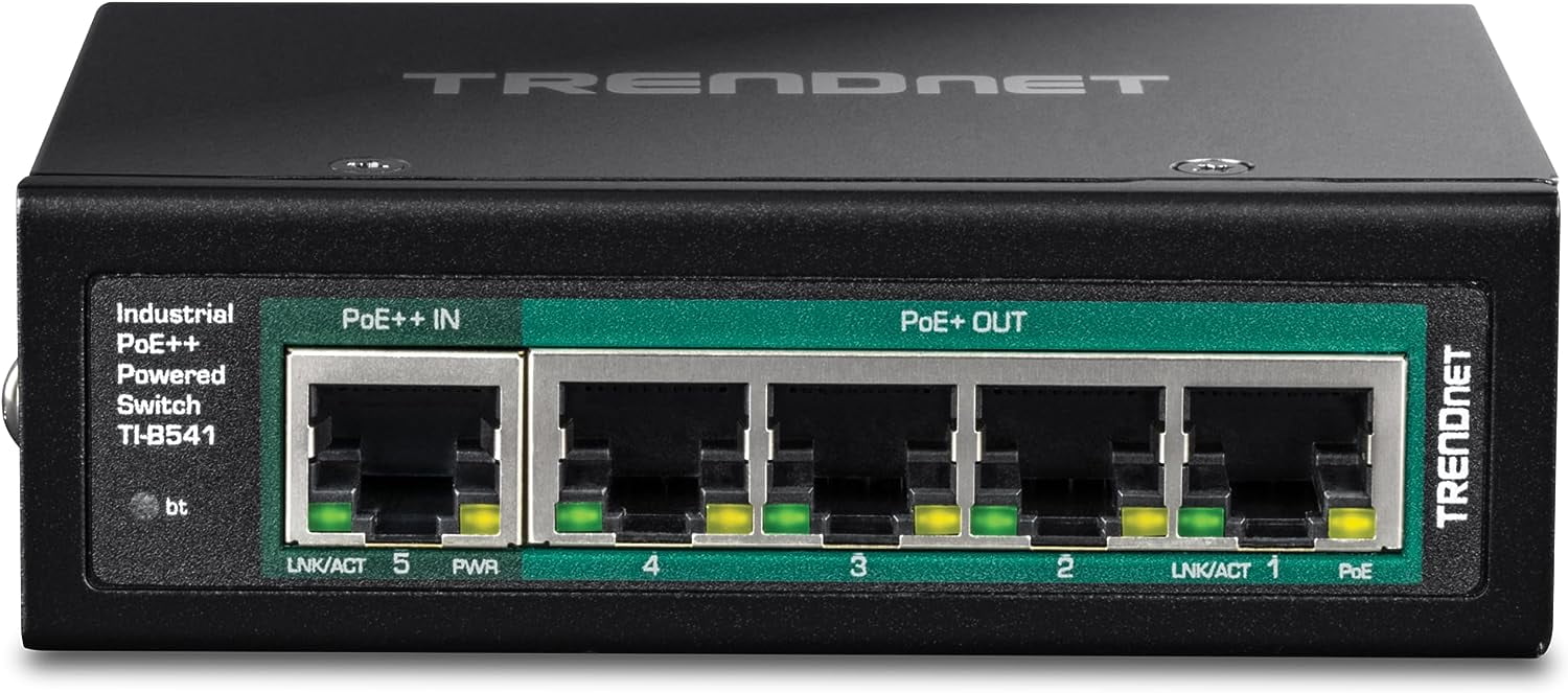 TRENDnet TI-B541 5-Port Industrial Gigabit PoE++ Powered DIN-Rail Switch with PoE Pass-Through