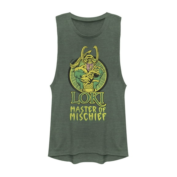 Junior's Marvel Loki Master of Mischief Festival Muscle Graphic Tee Pine Green Heather Small