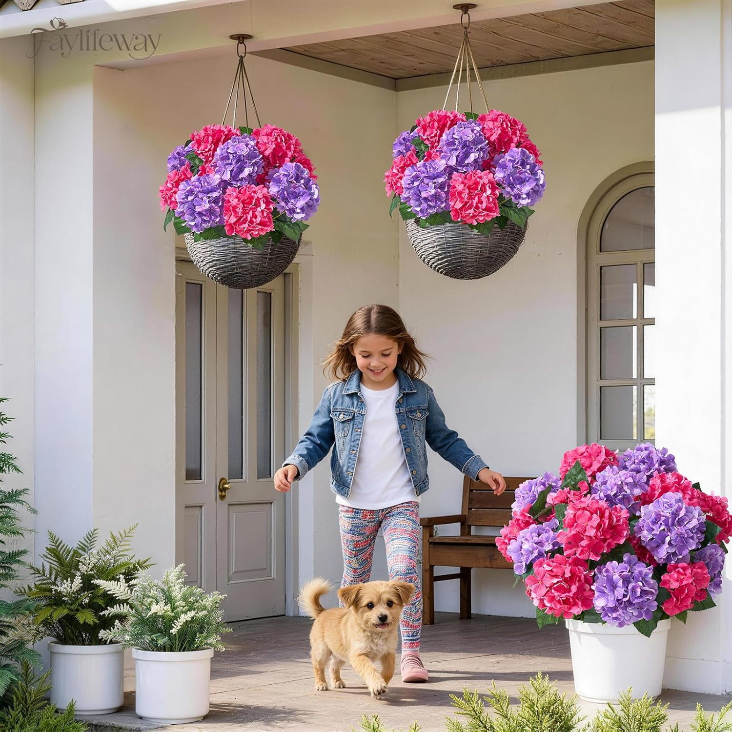 24 Heads Artificial Hydrangea Flowers for Outdoor Decor,  Faux Silk Planters Porch Garden Window Box  Decoration