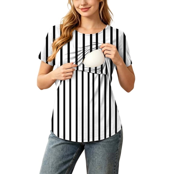 Gytharion Maternity Nursing Blouse for Women Round Neck Stripes Breastfeeding Tshirts Fashion Casual Short Sleeve Pregnancy Tops