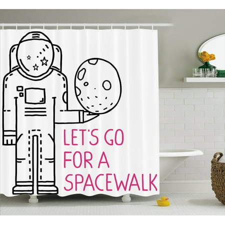 Outer Space Decor Shower Curtain, Space Walk Quote with a Man Romance Love in Stars Minimalist Design Image, Fabric Bathroom Set with Hooks, 69W X 70L Inches, Black Pink, by (Best Walk In Shower Designs)