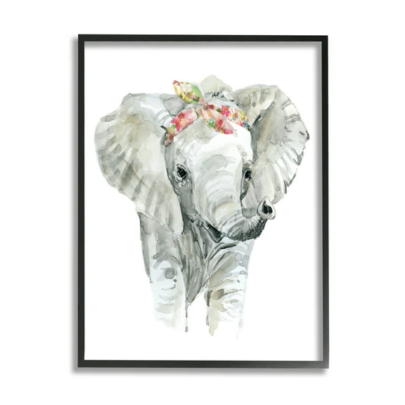 Stupell Industries Chic Baby Elephant with Floral Print Hair Tie Animals & Insects Painting Black Framed Art Print Wall Art, 11 x 14
