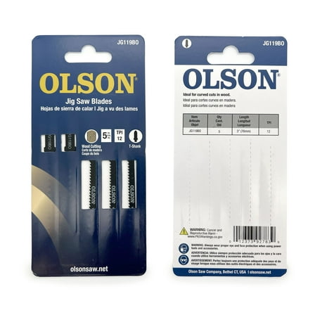 OLSON Jigsaw Blades, 5-Piece, 3 inch 12TPI, T-Shank, Curved or Scroll Cuts in Wood (JG119BO)
