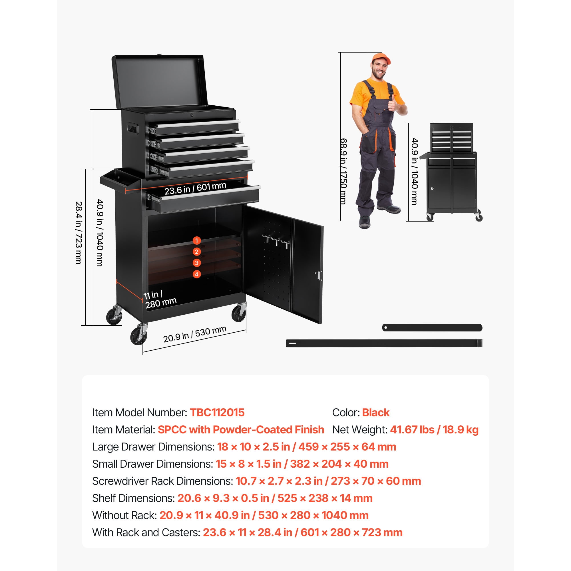 KFFKFF Rolling Tool Chest with 2-in-1 Design, 5-Drawer Tool Cabinet Organizer Featuring Detachable Top Toolbox, Locking Bar, Protective Liner, and Tool Rack for Garage, Workshop, or Warehouse Storage