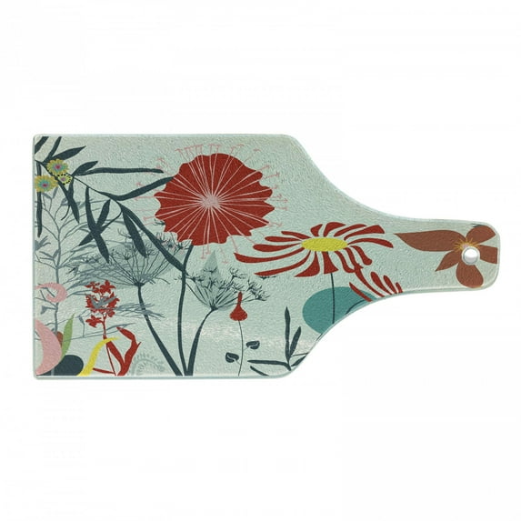Floral Cutting Board, Dandelions Garden Beauty with Vivid Full of Various Wild Flower Bloom Modern Graphic, Tempered Glass Cutting and Serving Board, Wine Bottle Shape, Multicolor, by Ambesonne