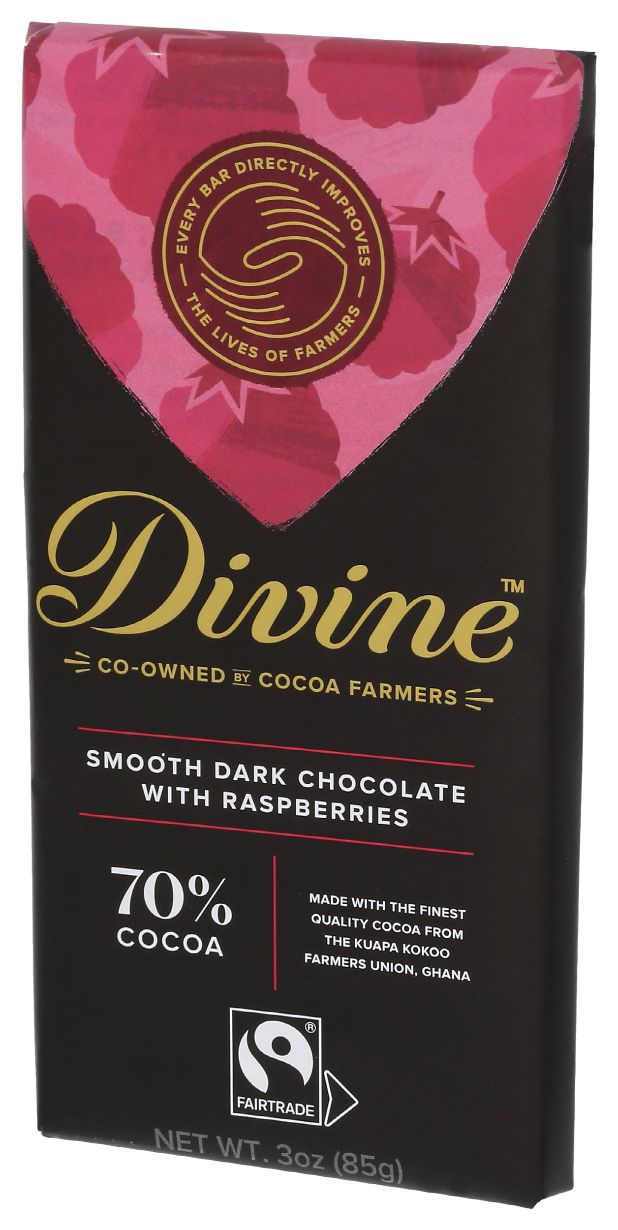 (Pack of 12), Divine Chocolate 70% Dark Chocolate with Raspberries, 3 oz