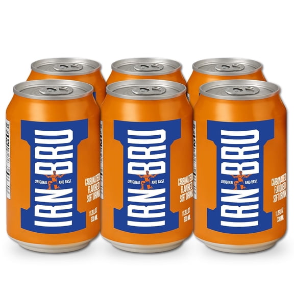 IRN-BRU Original Scottish Sparkling Soda, Citrus Flavored Carbonated Drink - Sparkling Flavored Soft Drink, 32 Flavor Recipe, 11.1 fl oz Cans, Pack of 6
