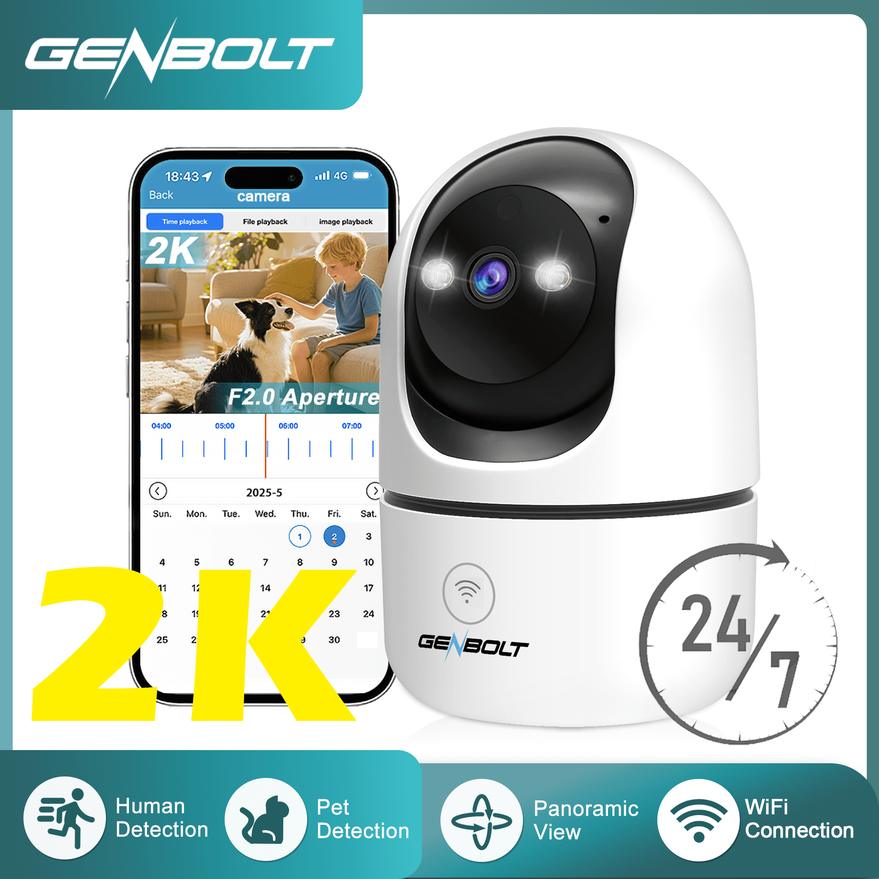GENBOLT WiFi Security Camera Indoor, 360°Dual Lens Home Surveillance IP Camera CCTV with Humanoid Detection, Auto Cruise Nanny Pet Dog Cam, 2.4&5GHz Dual WiFi Baby Monitor with Audio Alarm