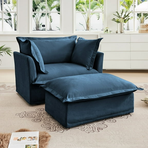 49"W Oversized Upholstered Chenille Accent Chair with Ottoman, 37" Wide Deep Seat Armchair with Removable Washable Covers for Living Room or Bedroom,Blue