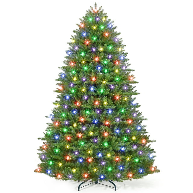 4.5 FT Prelit Artificial Christmas Tree with Dual Color LED Lights, 380 Branch Tips, Hinged Branches, Foldable Metal Stand, Foot Pedal, Easy Assembly, Indoor Holiday Home Decor