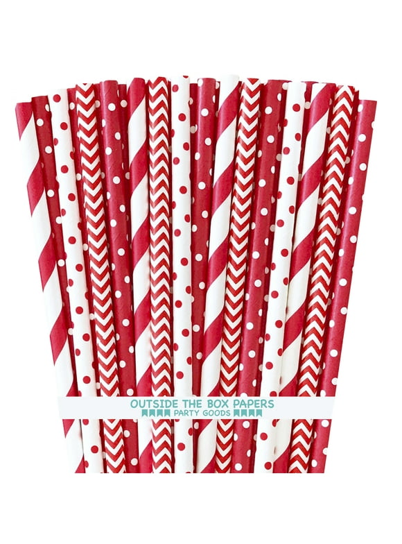 100 Red Stripe, Chevron and Polka Dot Paper Straws
