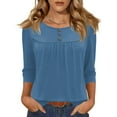 thumbnail image 3 of Henley Shirts for Women 3/4 Length Sleeve Womens Tops Button Up Blouse Pleated Dressy Tunic Tops Blue L, 3 of 4