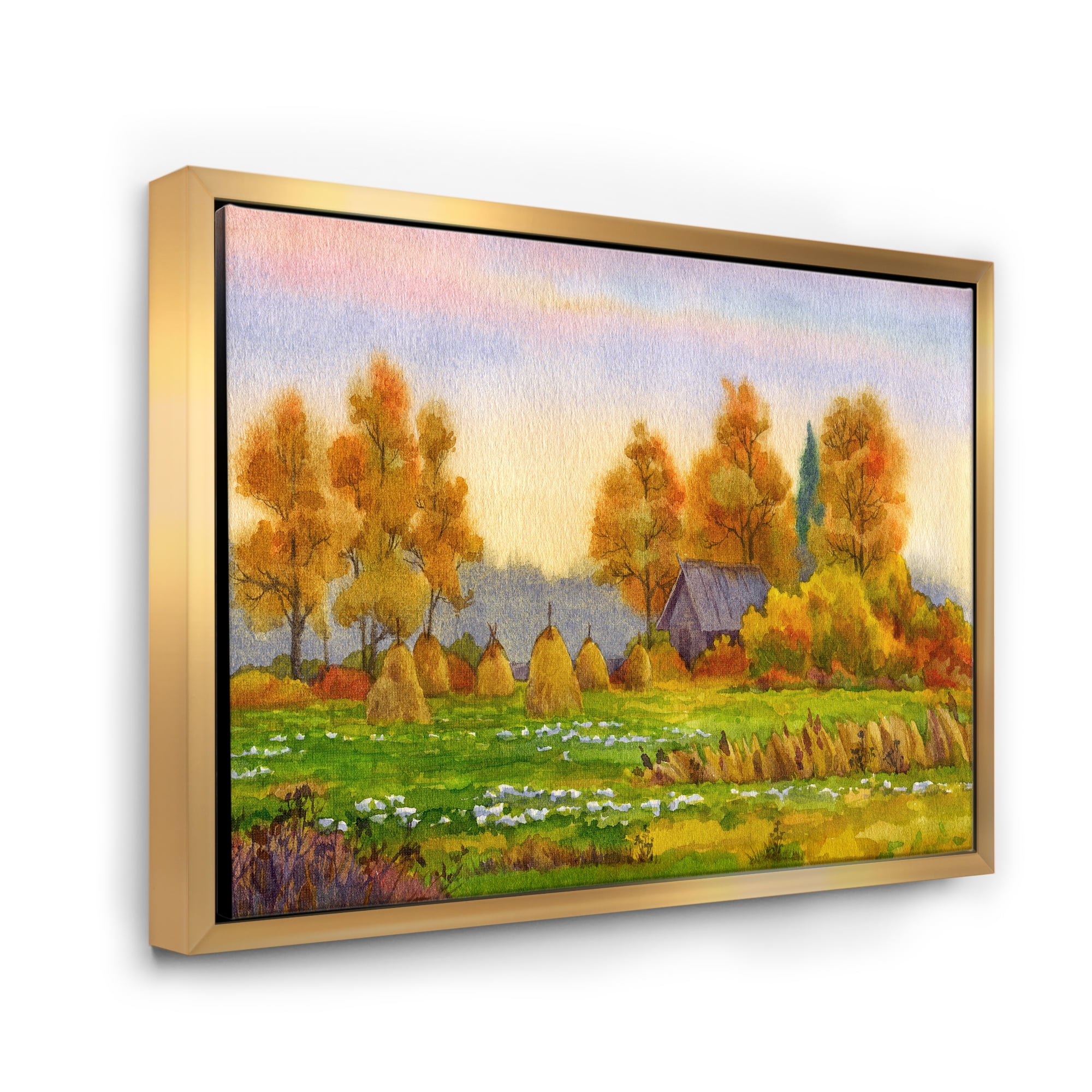 Designart 'Orange Fields With Haystacks I' Lake House Framed Canvas Wall Art Print