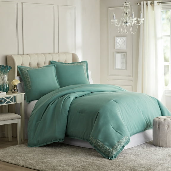 Lanco Embroidered 3 Piece Duvet Set, Queen Size, Color Aqua, Matching Pillow Shams