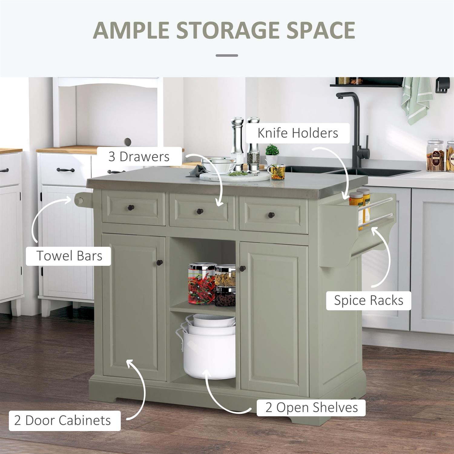 Demi Bonn 50" Kitchen Island with Storage and Stainless Steel Top, Rolling Kitchen Cart with Spice Rack and Drawers for Home Cooking Enthusiasts, Gray