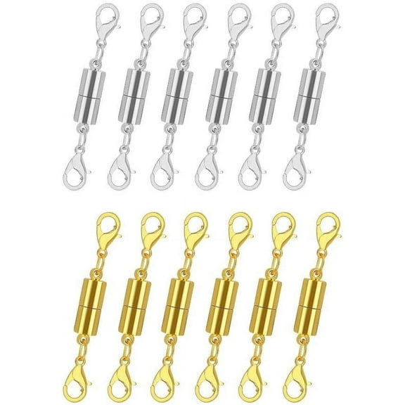 Pack of 12 Gold and Silver Color Magnetic Lobster Clasps for Jewelry. Strong Magnet Accessory for Necklace, Bracelet. DIY Friendly. (Regular)