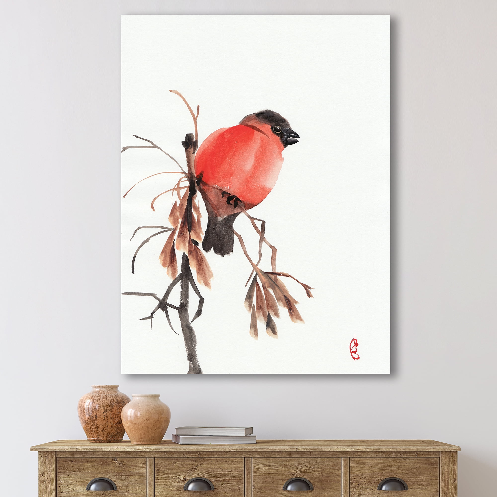 Red Bullfinch Bird Sitting On A Branch 16 in x 32 in Painting Canvas Art Print, by Designart