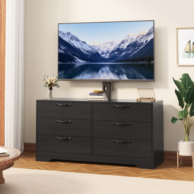 QinaQin Tv Stand with Wall Mount, a 47.2-Inch Modern Entertainment Center, a 6-Drawer Rattan Dressing Table for Tvs From 32 To 85 Inches, and a Media Console Table with Storage Space