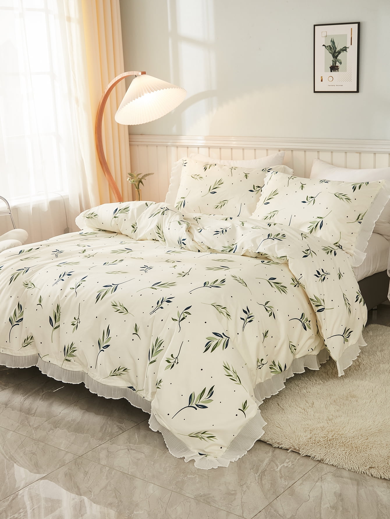 Move Over Green Floral Bedding Sets Queen Lace Ruffle Duvet Cover Set Boho  Microfiber Lace Pattern No Filling 