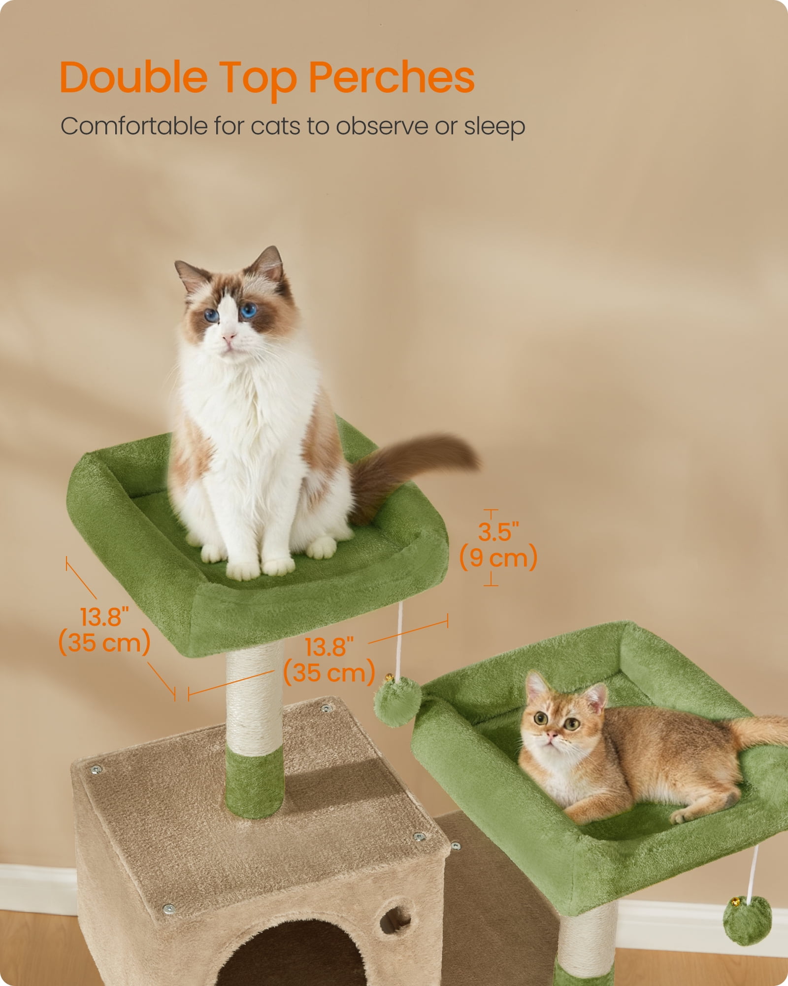 Feandrea 56.3-Inch Multi-Level Cat Tree with 11 Scratching Posts, 2 Perches, Cave, and Hammock for Multiple Cats, Grass Green and Brown