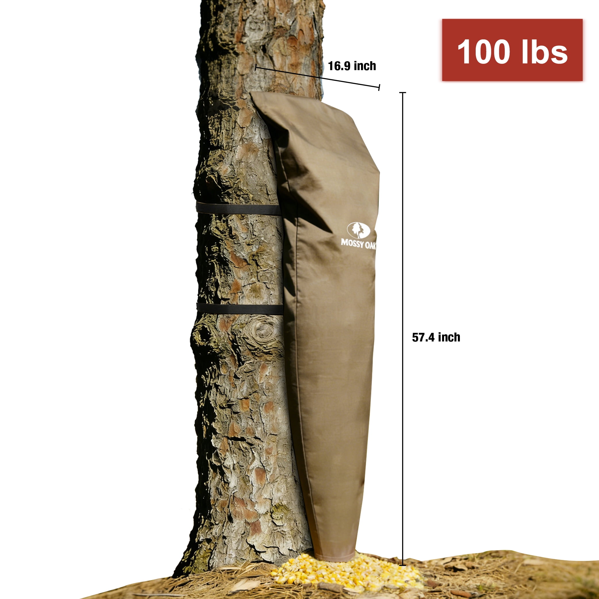 Mossy Oak Game Feed Bag, 100 lb Capacity, Gravity Fed, Memory Wire Opening, Strap Mount for Trees & Posts